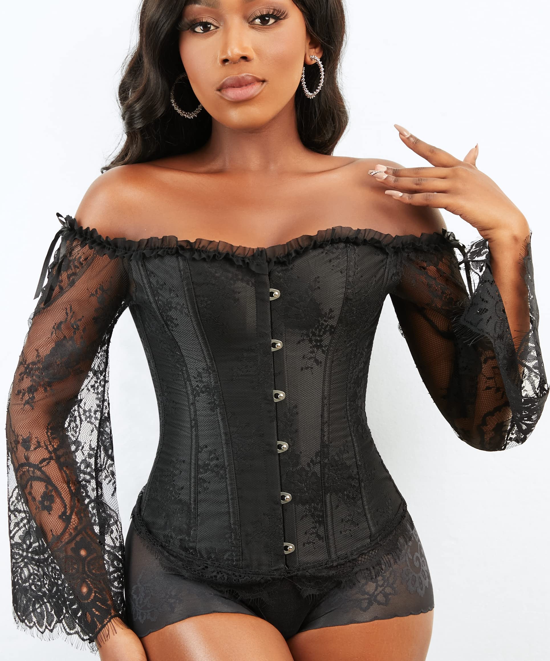 SZIVYSHI Corset Tops for Women with Sleeves, Bustier Overbust Lace Up Bodice Lingerie, Vintage Steampunk Strapless Shirt