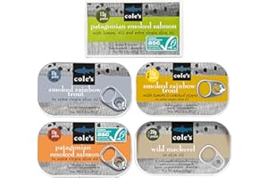 COLE'S Seafood Sampler Variety Pack - With Skinless, Boneless Smoked Salmon and Wild Caught Mackerel, and Smoked Fresh Water Rainbow Trout, Canned Fish, High in Protein, 5 Pack