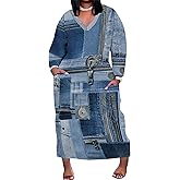 SUZONANA Plus Size Maxi Dresses for Curvy Women Denim 3D Print Long Sleeve V Neck