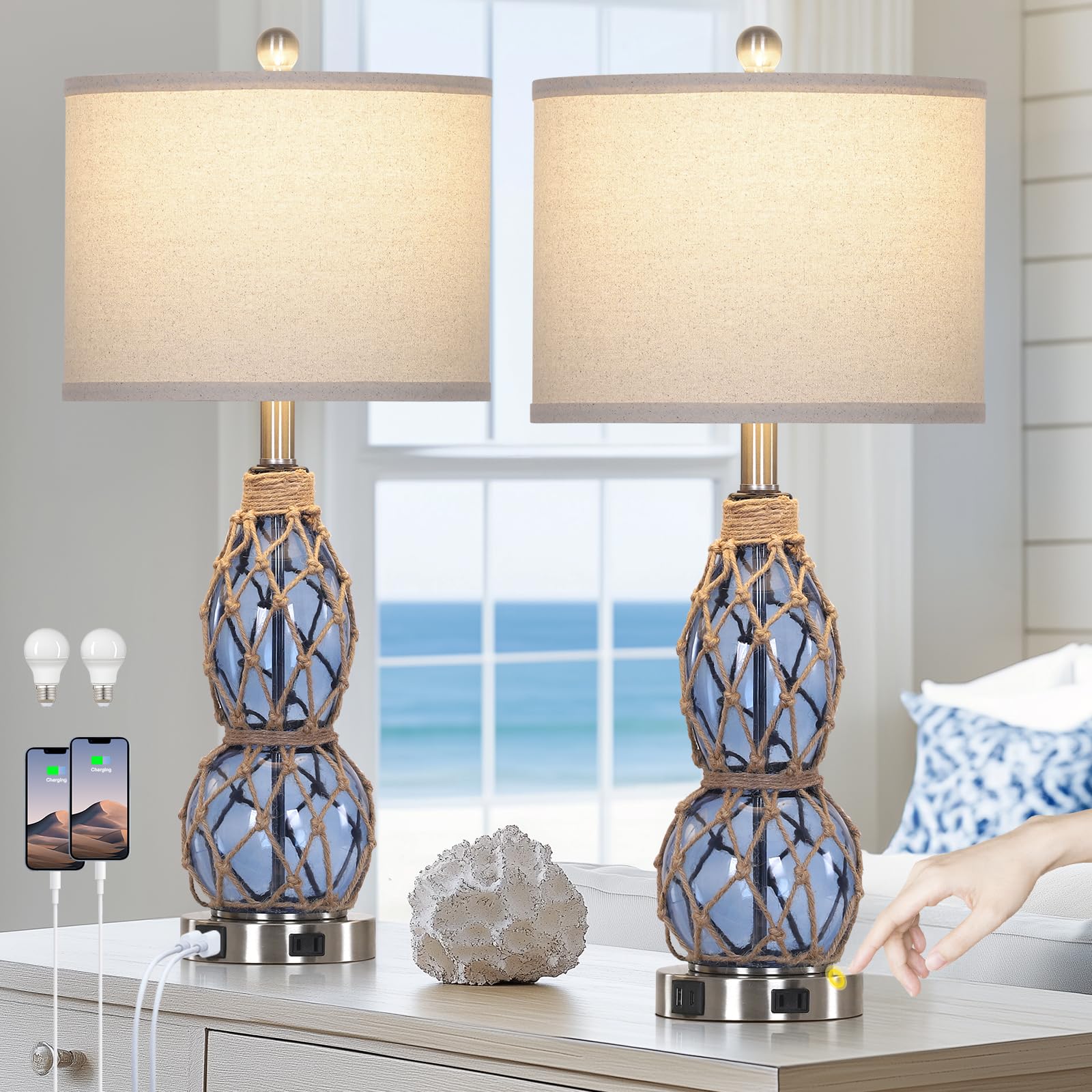 Photo 1 of Rinweey 26" Coastal Glass Table Lamps Set of 2, 3-Way Dimmable Touch Lamps with USB Ports and AC Outlet, Nautical Bedside Lamps for Bedroom Living Room