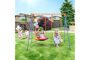 VEVOR Swing Sets for Backyard, with 1 Saucer Swing Seat, 1 Belt Swing Seat, 440lbs Load Capacity Swing Set, Heavy Duty A-Frame Metal Swing Stand and Adjustable Rope, Swingset Outdoor for Kids
