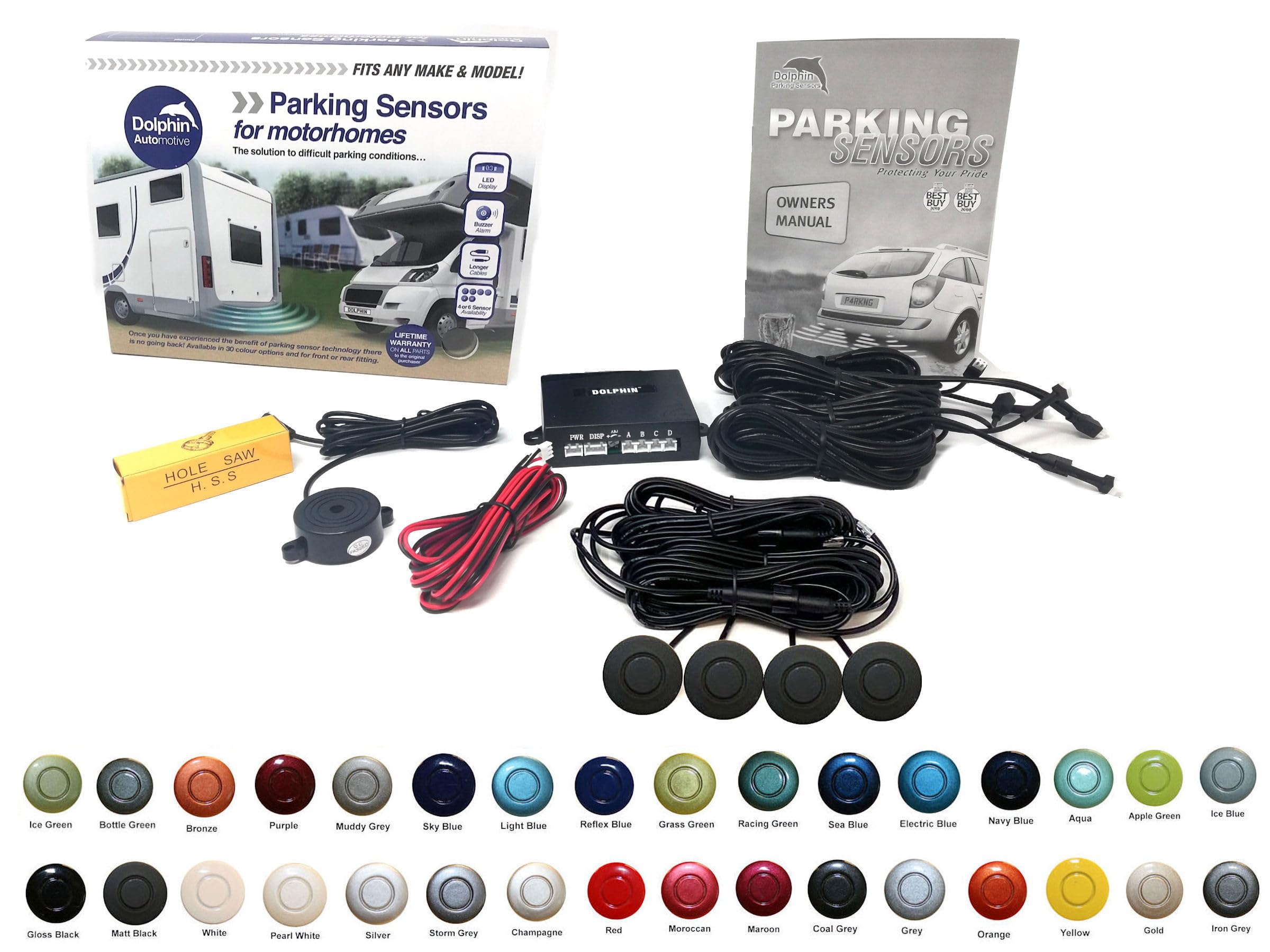 Dolphin Automotive MPS400 Motorhome Camper Van RV Reverse Parking Sensors WIth Audio Buzzer Black, Silver,White, Grey (Matt Black)