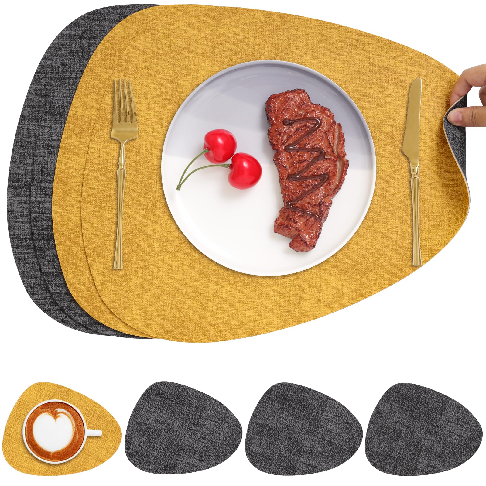 Chitomars Placemats and Coaster Set of 4, Place Mats Table Mats Coffee Mats Placemats set of 4 Triangle Waterproof Wipeable Dual Sided Kitchen Heat Resistant Non-Slip Washable