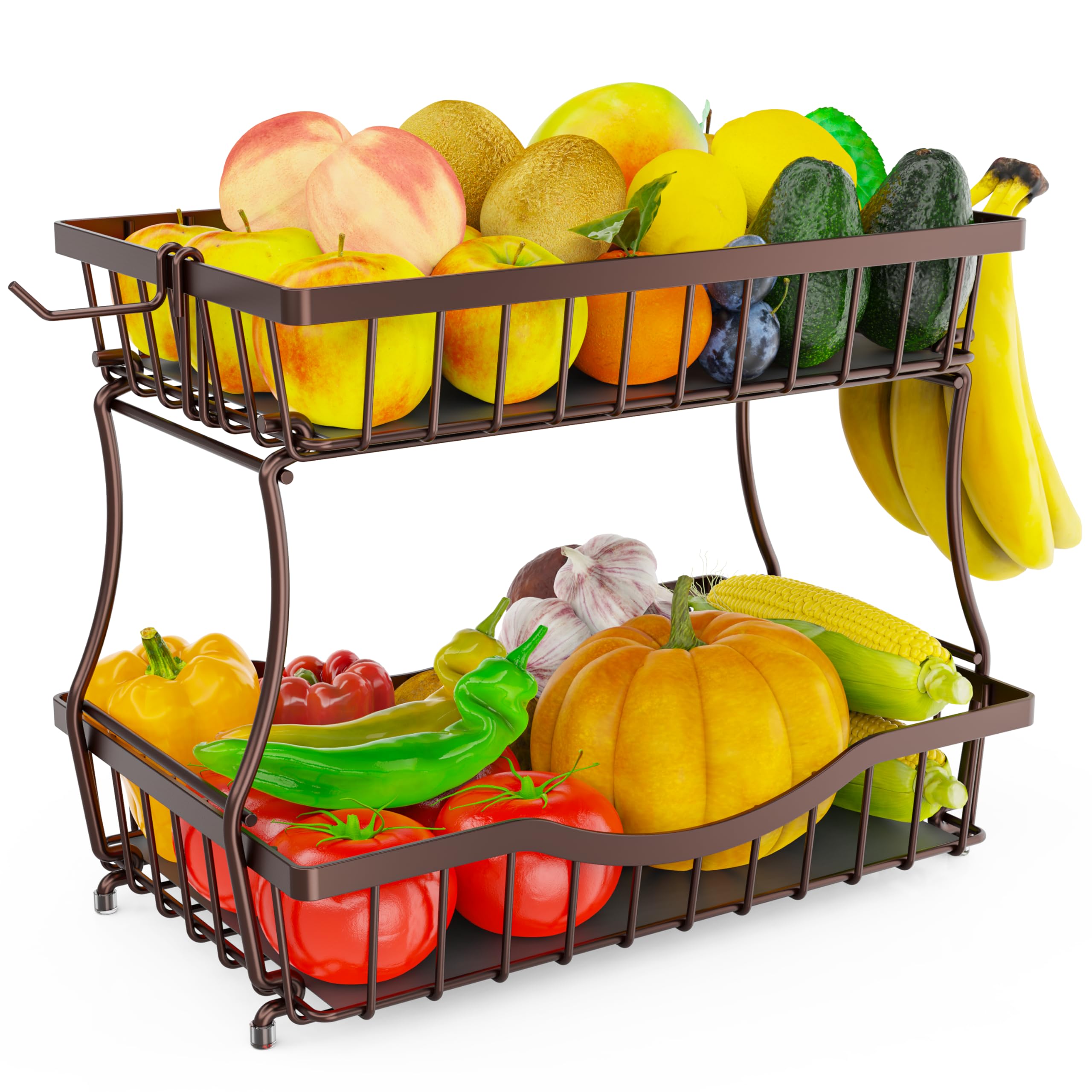 Photo 1 of Zurklulu Large 2-Tier Fruit Basket for Kitchen Counter with 2 Banana Hangers – Metal Fruit Bowl for Onion, Vegetable, Snacks, Breads Storage – Countertop Organizer – Bronze