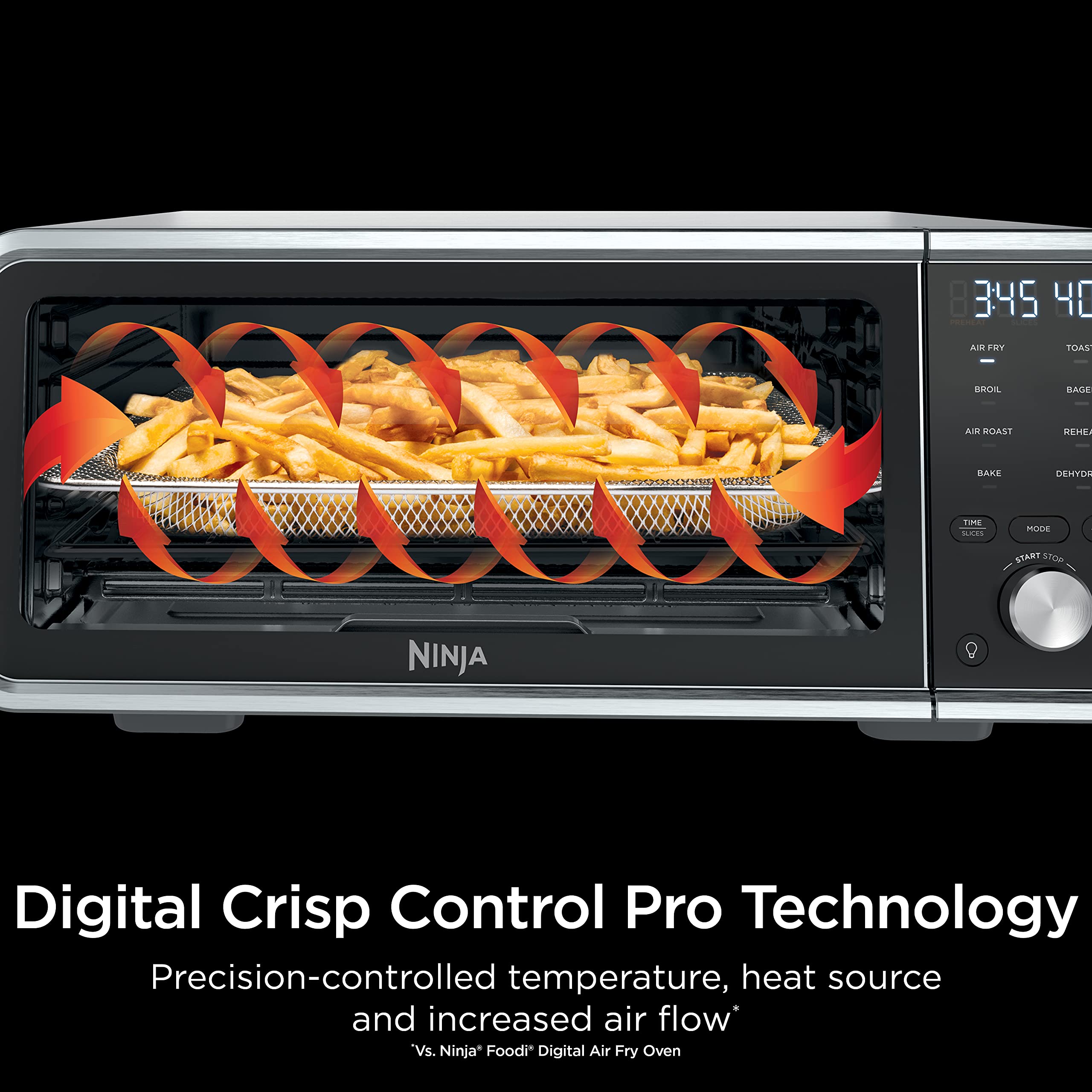 Horno 8 en 1 para encimera Ninja SP201 Digital Air Fry Pro con altura extendida, capacidad XL, capacidad abatible hacia arriba y hacia afuera para espacio de almacenamiento, con canasta para freír, rejilla de alambre y bandeja para migas, plateado