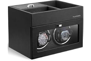 Vlando Automatic Double Watch Winder for Men - Watch Winder Box with Jewelry Organizer Tray for Father Husband Dad, Japanese Quiet Motor, LED Light, Adjustable Watch Pillows - Black