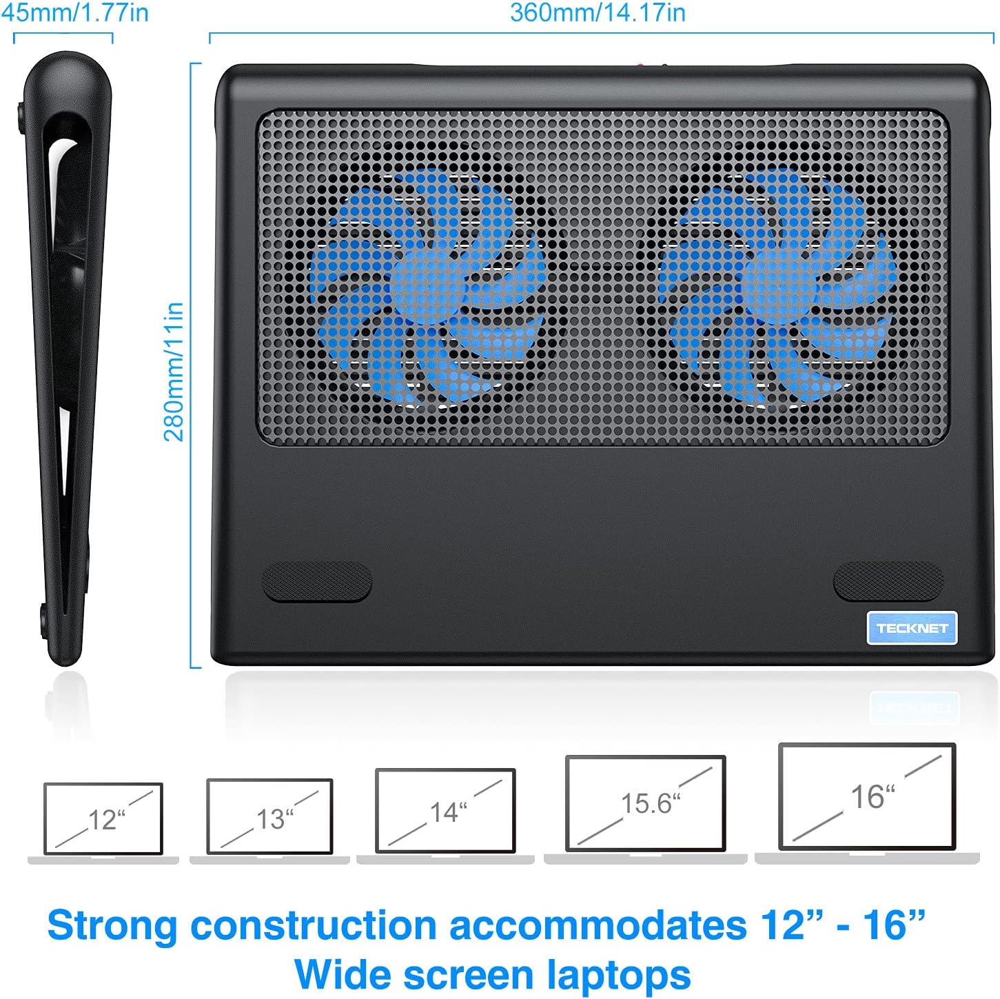 TECKNET Laptop Cooling Pad, Portable Ultra-Slim Quiet Laptop Notebook Cooler Cooling Pad Stand with 2 USB Powered Fans, Fits 12-16 Inches (Blue): Computers & Accessories