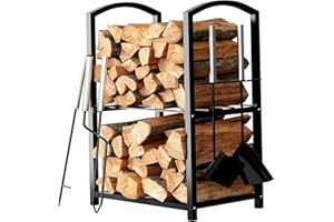 HOME IT Firewood Rack Indoor Outdoor - 2-Tier Firewood Holder with Fireplace Tools Set, Brush, Shovel, Poker, Tongs - Waterproof Steel Pipe Log Holder, Black Stove Wrought Iron - 17x12x29