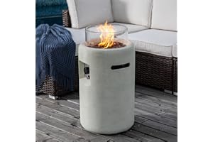 COSIEST Outdoor Propane Fire Pit Table w Compact Ledgestone 16-inch Round Graphite Base and Glass Wind Guard, Certified, 40,000 BTU, Free Lava Rocks, Touch-up Pen, Fits 20lb (Creamy White)