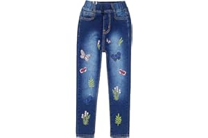 KIDSCOOL SPACE Little Girl Embroidered Slim Jeans, Big Girls Elastic Waist Denim Bottom Pants