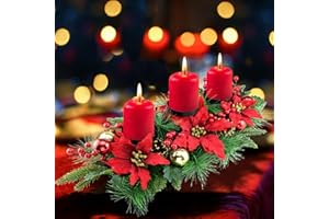 YULETIME 28" Christmas Triple Candelabrum, Holiday Candle Holder with Three Trays, Poinsettia, Red and Gold Baubles, Natural Pine Cones, Red Berries, Leaves Holly, Spruce Branches