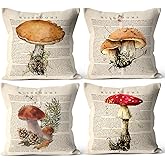 Palasarkaaa Vintage Decor Mushroom Throw Pillow Covers for Home Farmhouse, 18 x 18 Inch Spring Summer Cushion Case Decoration for Sofa Couch Set of 4