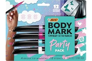 BIC BodyMark Party Pack Temporary Tattoo Marker for Skin, Premium Brush Tip, 4 Count Pack