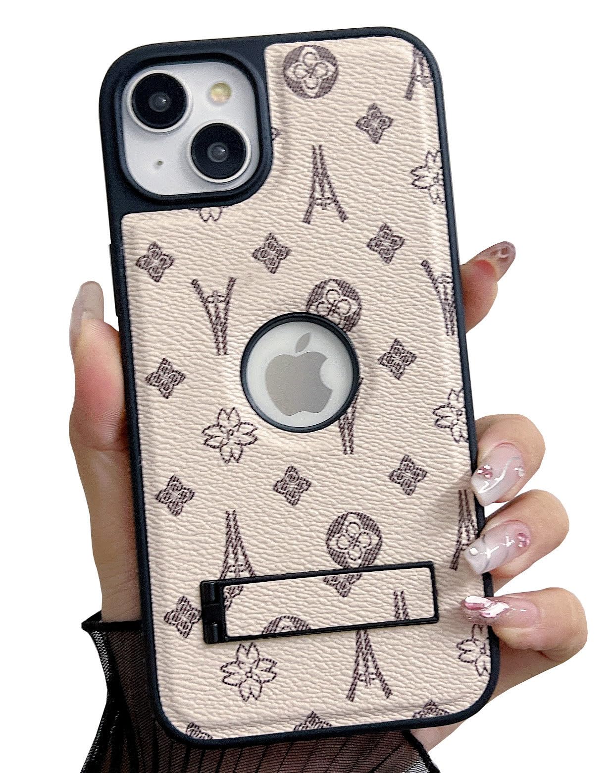 Dropcases Compatible with iPhone 15 Plus Case Luxury Designer for Women Girls,Shockproof Protective Leather Case with Kickstand and Logo View Phone Cover for 15 Plus - 6.7”(Beige)