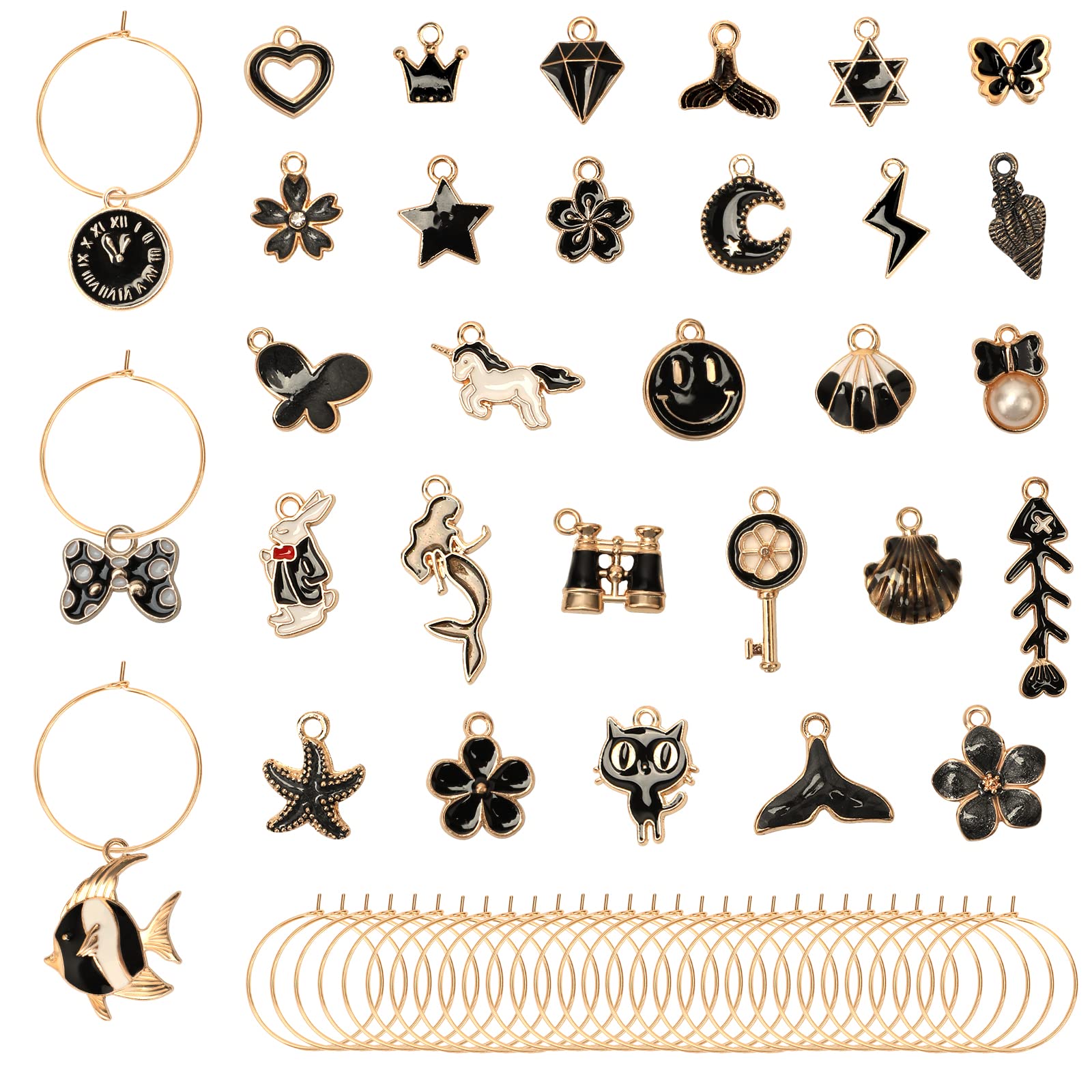 OOTSR 31PCS Sea Wine Glass Charms Beach Drink Markers for Drink Party Glass Bottle Decor Wineglass Markers Tags Identification Drinking Buddies (Black)