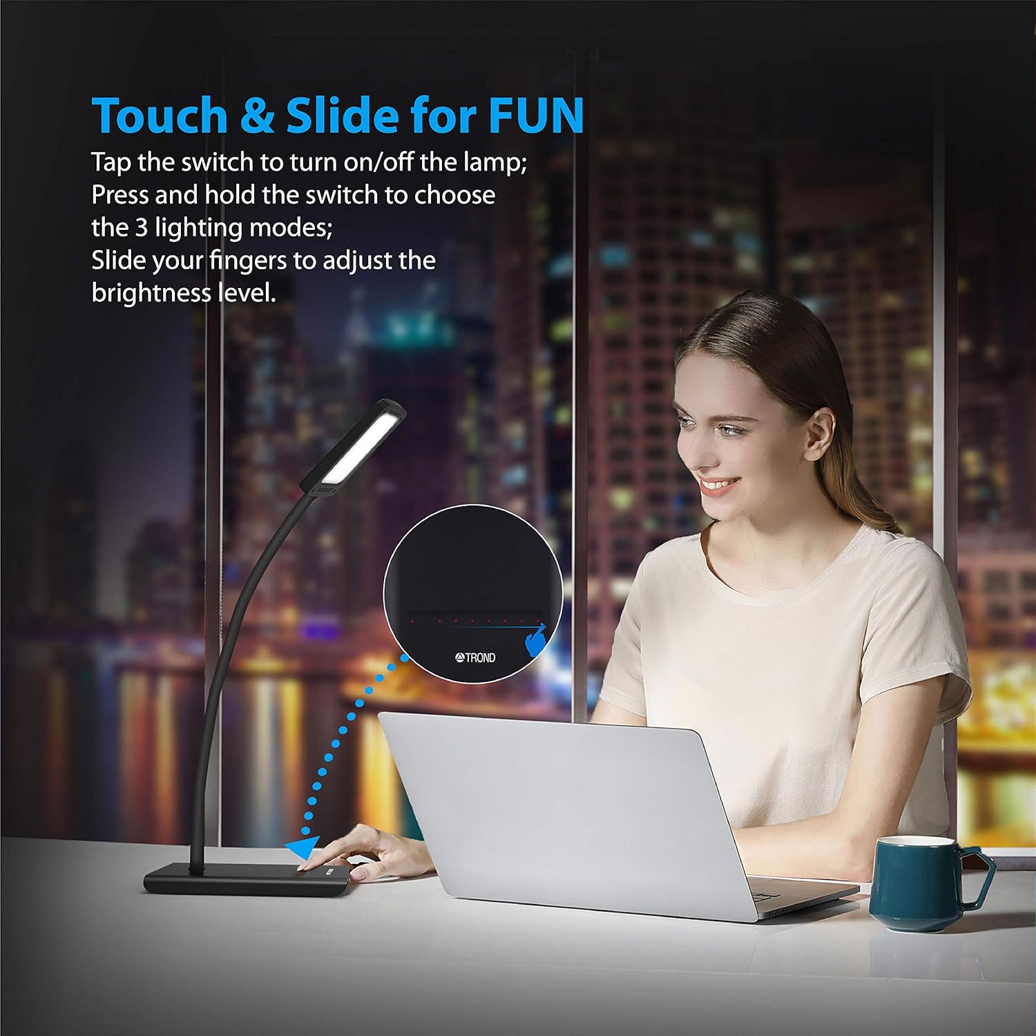 TROND Eye-Care LED Desk Lamp Dimmable, Flexible Gooseneck, 3 Color Temperatures, Non-Glaring for Bedside, Nightstand, Side Table, Office, Reading & Task Lighting - - 