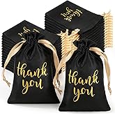 Meyeyaia 100Pcs 4 x 6 Inch Thank You Gift Bags with Drawstring, Jewelry Candy Satin Pouches for Wedding Bridal Shower Baby Shower, Drawstring Favor Bag for Birthday Holiday Party (Black, Gold)