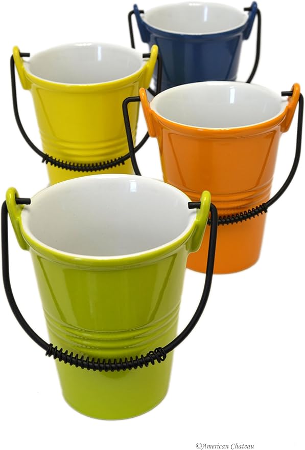 Set 4 Bucket Shaped Assorted Colorful Porcelain Cutlery Holders Caddy