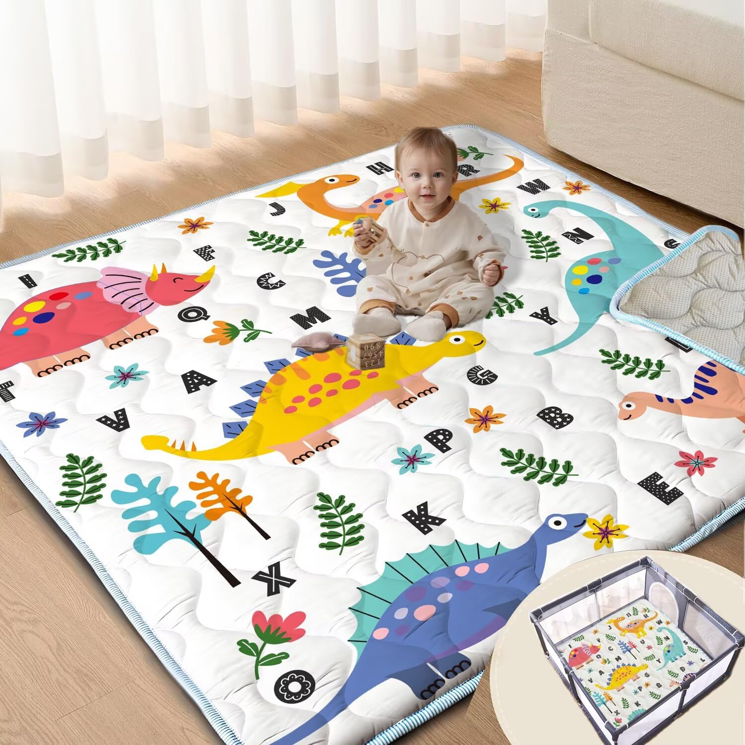 Photo 1 of Baby Play Mat, 47x47 Play Mat for Playpen, Non-Slip Baby Mat for Floor, Thicken One-Piece Crawling Mat Cushioned Baby Playmats for Infants, Babies, Toddlers, Play & Tummy Time (Dinosaur, 47x47)