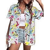 80s 90s Outfits for Women Hawaiian Retro Party Disco Neon Outfits Neon Short Sleeve Button Down Blouse Tops