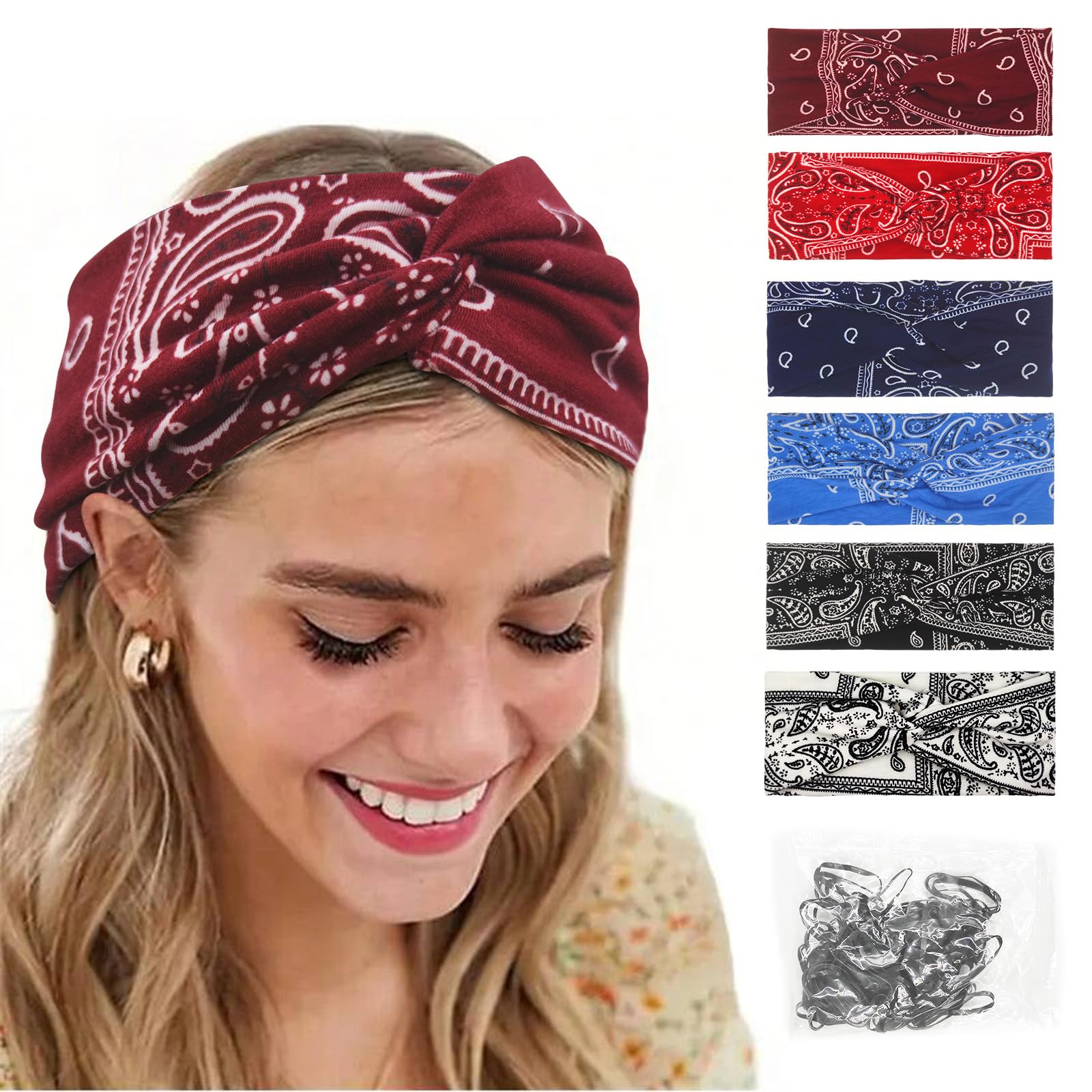6 Pieces Wide Hair Band Scarfs, Elastic Soft Knotted Headband, Flower Head Wrap Bandanas, Wide Wavy Print Headscarf, Bohemian Style Cotton Headbands, Multicoloured Yoga Sport Hairband for Girls Women