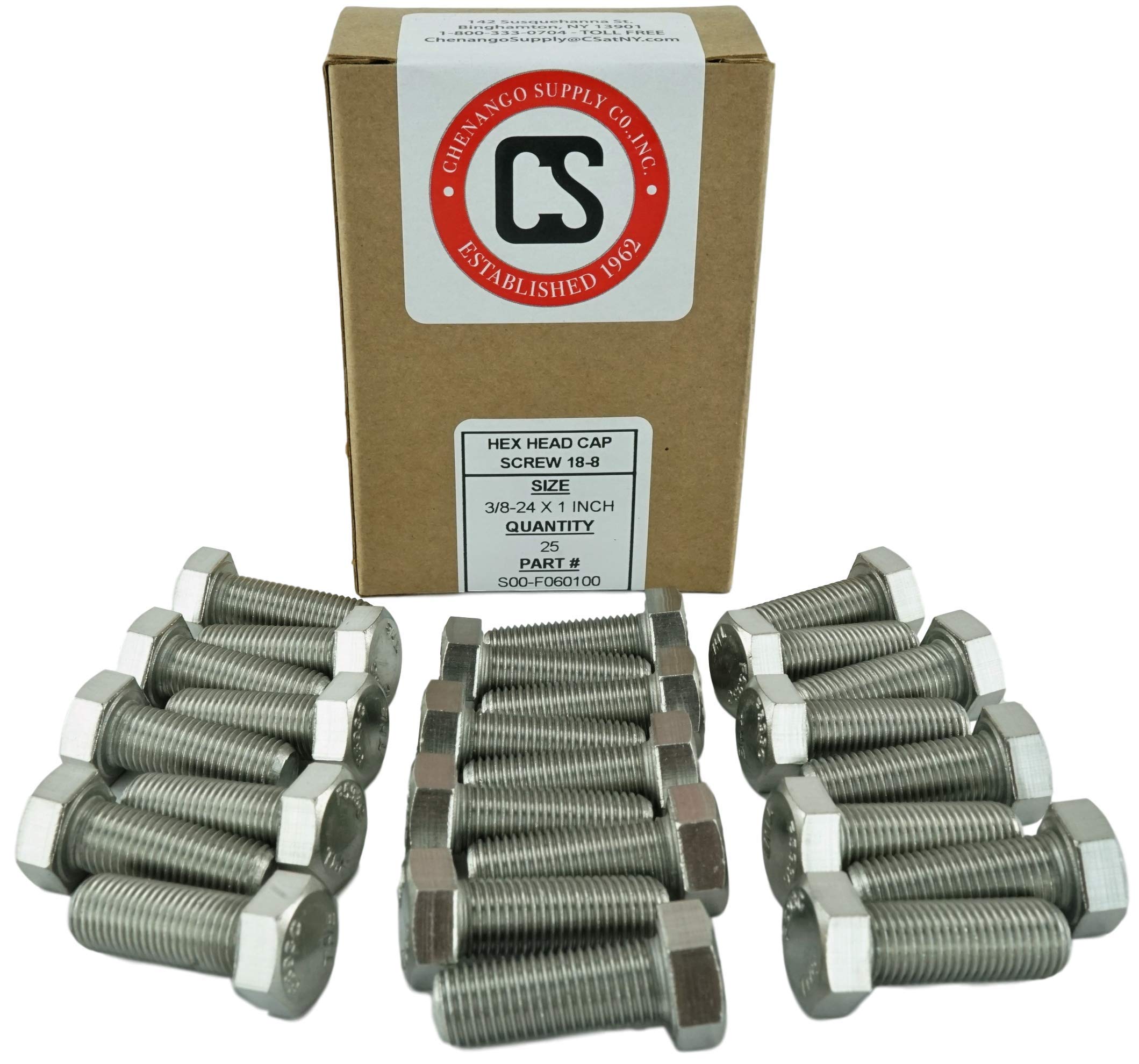 Stainless 3/8-24 x 1" Hex Head Bolts (3/4" to 5" Length in Listing), 304 Stainless Steel, SAE Fine Thread, 25 Pieces (3/8-24 x 1")