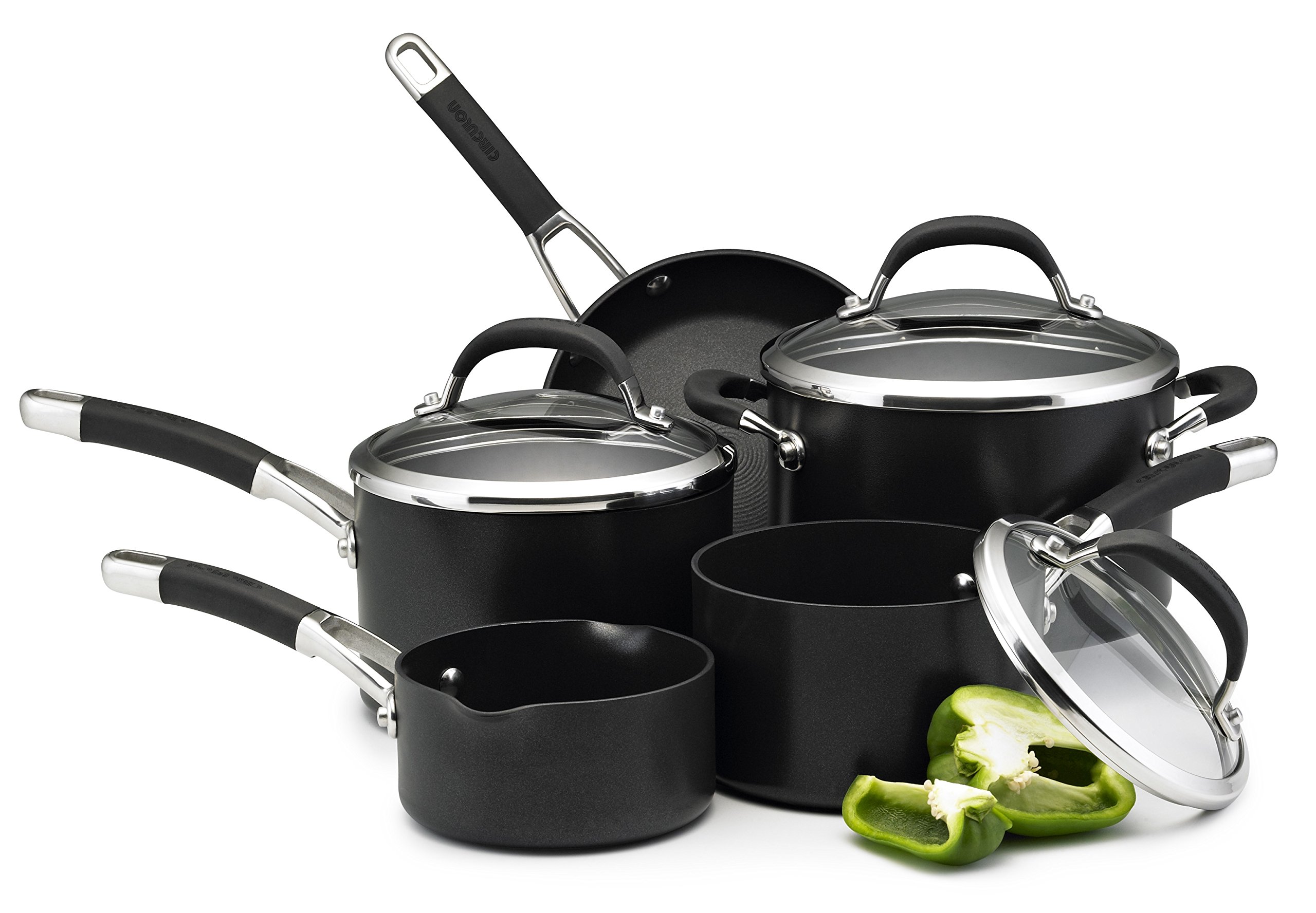 Circulon Premier Professional Induction Hob Pan Set of 5 - Non Stick Pots and Pans Set with Glass Lids & Soft Grip Handles, Dishwasher Safe Saucepan Set, Black โ image 1