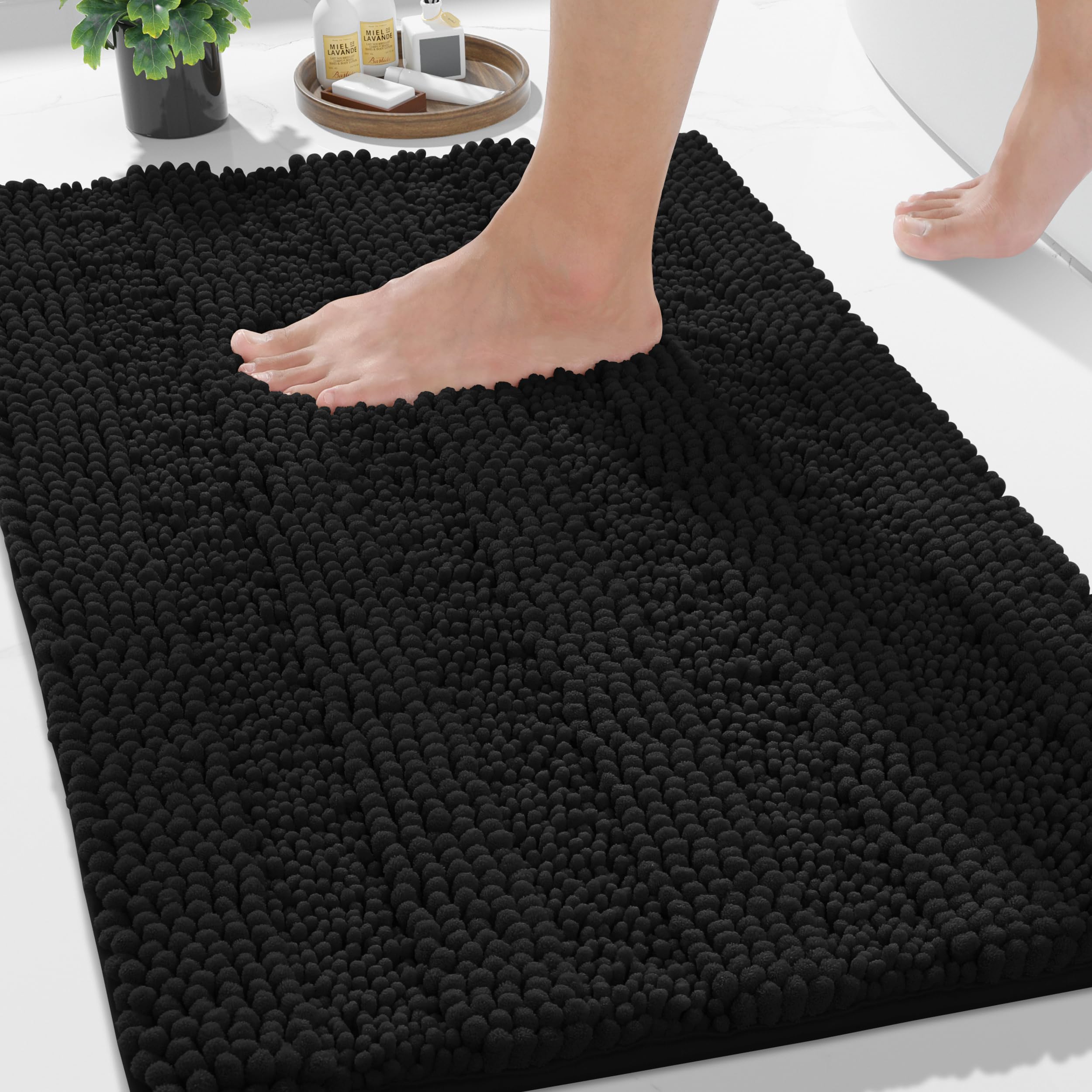 Photo 1 of Yimobra Bathroom Rug Mat 24 x 17, Non Slip and Super Absorbent Bath Mat,Machine Washable Quick Dry,Ultra Plush Chenille Shower Rugs for Bathroom Floor Sink Tub and Shower Outside,Black