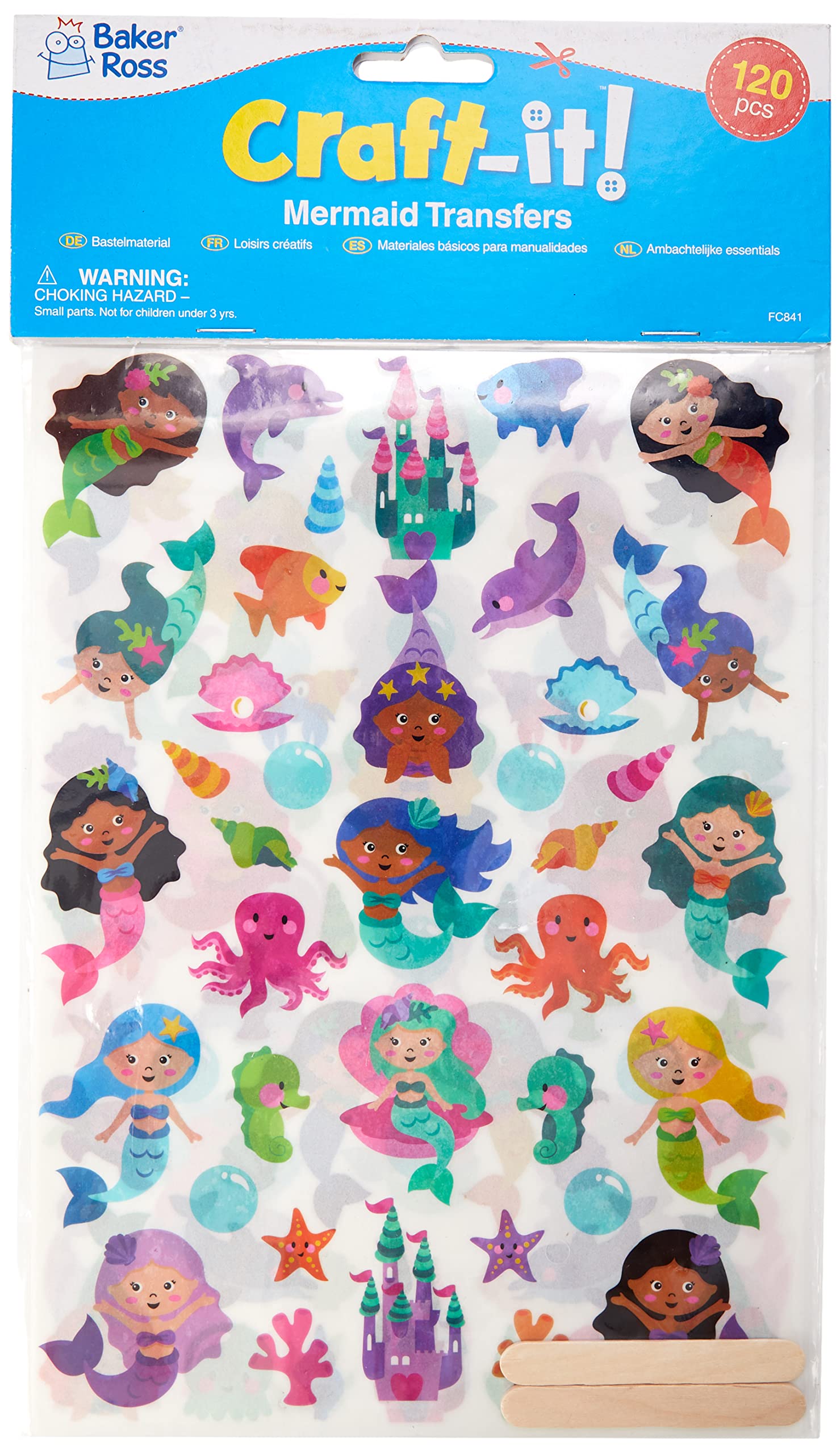 Baker Ross Mermaid Rub-On Transfer Stickers - Pack of 120, Multicolor, Waterproof, Paper, Wood, Plastic, Ceramic, Glass, Kids, Stickers