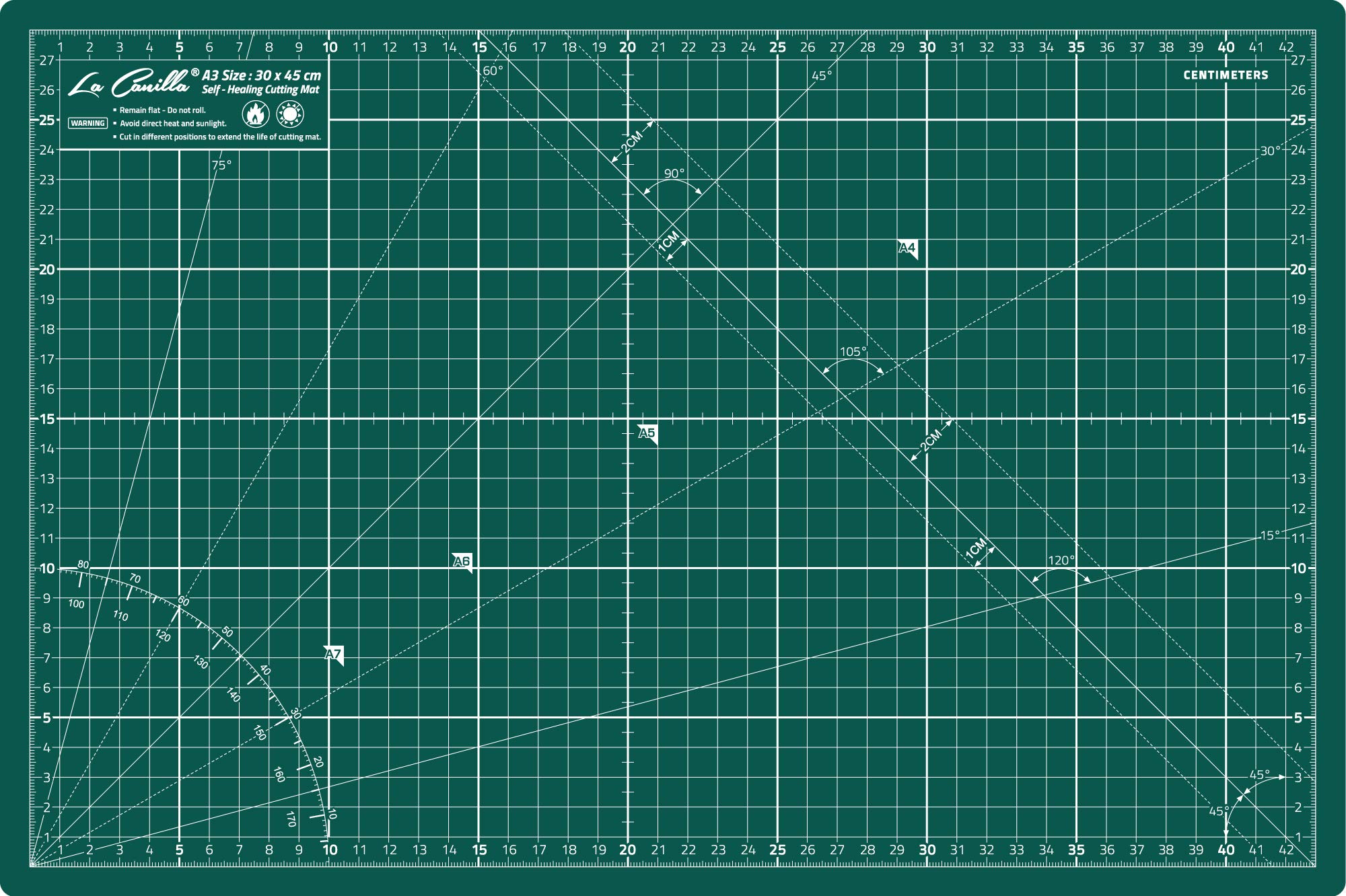 La Canilla ® - Self Healing Cutting Mat A3 (45x30cm - 18x12) Double Sided Printed (CM & Inches) 5 PVC Layers | Patchwork, Quilting, Sewing, Fabric, Papercraft, DIY (Green)