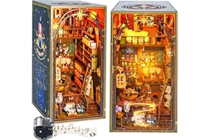 DIY Book Nook Kit, SMILESSKIDDO 3D Wooden Puzzles Magic House with Gear Drive and LED Lights, Miniature Dollhouse Bookshelf Insert Model Kits for Adults and Teens