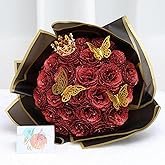 Dremisland 26 PCS Glitter Roses Bouquet Artificial Rose Flowers Bouquet DIY Fake Glitter Red Bouquets with Stems Crown Sparkly Rose Faux Flower for Gifts Valentine's Day Anniversary Birthday Mother