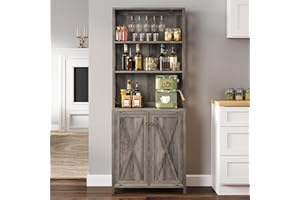 DWVO 67" Tall Wine Bar Cabinet for Liquor and Glasses, Farmhouse Kitchen Cabinets Coffee Bar with Adjustable Shelves, Open Storage Shelves, Buffet Cabinet for Living & Dinning Room, Grey Wash