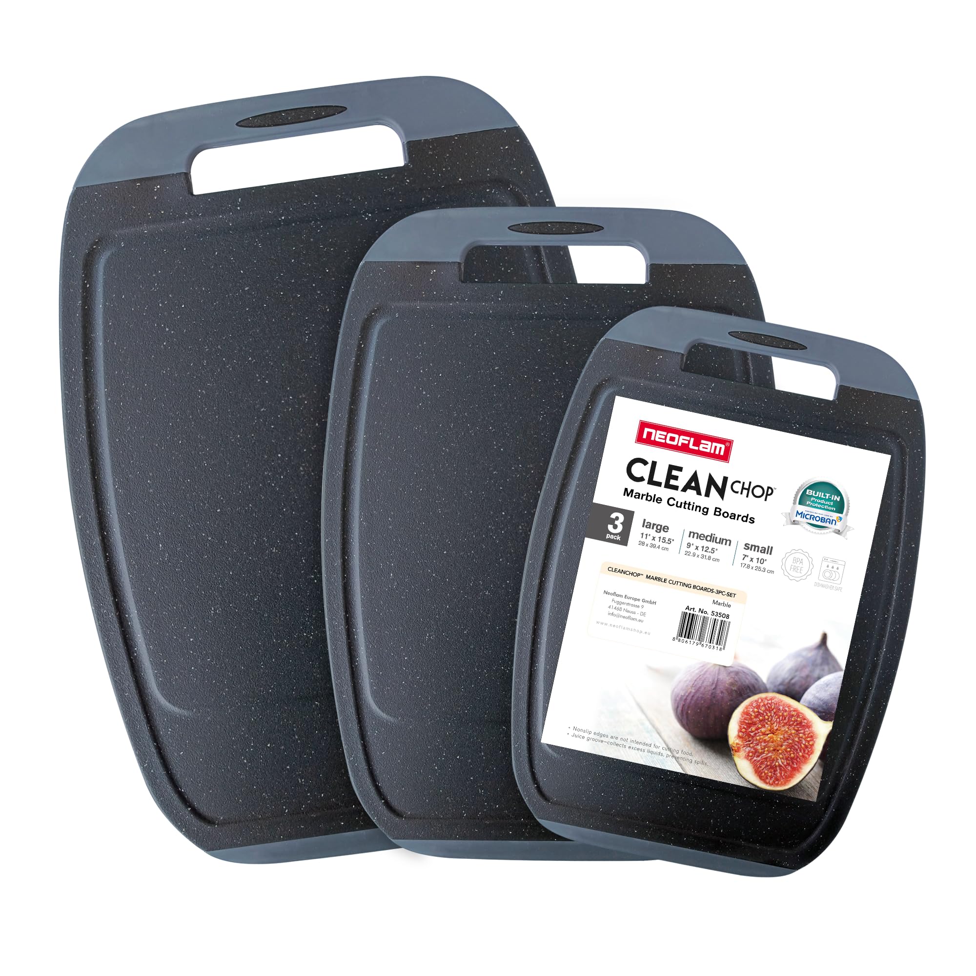 Neoflam Microban Antimicrobial Plastic Cutting Board 3 Sets, BPA Free, Non-Slip EZ Grip Handle, Dishwasher Safe, with Juice Groove