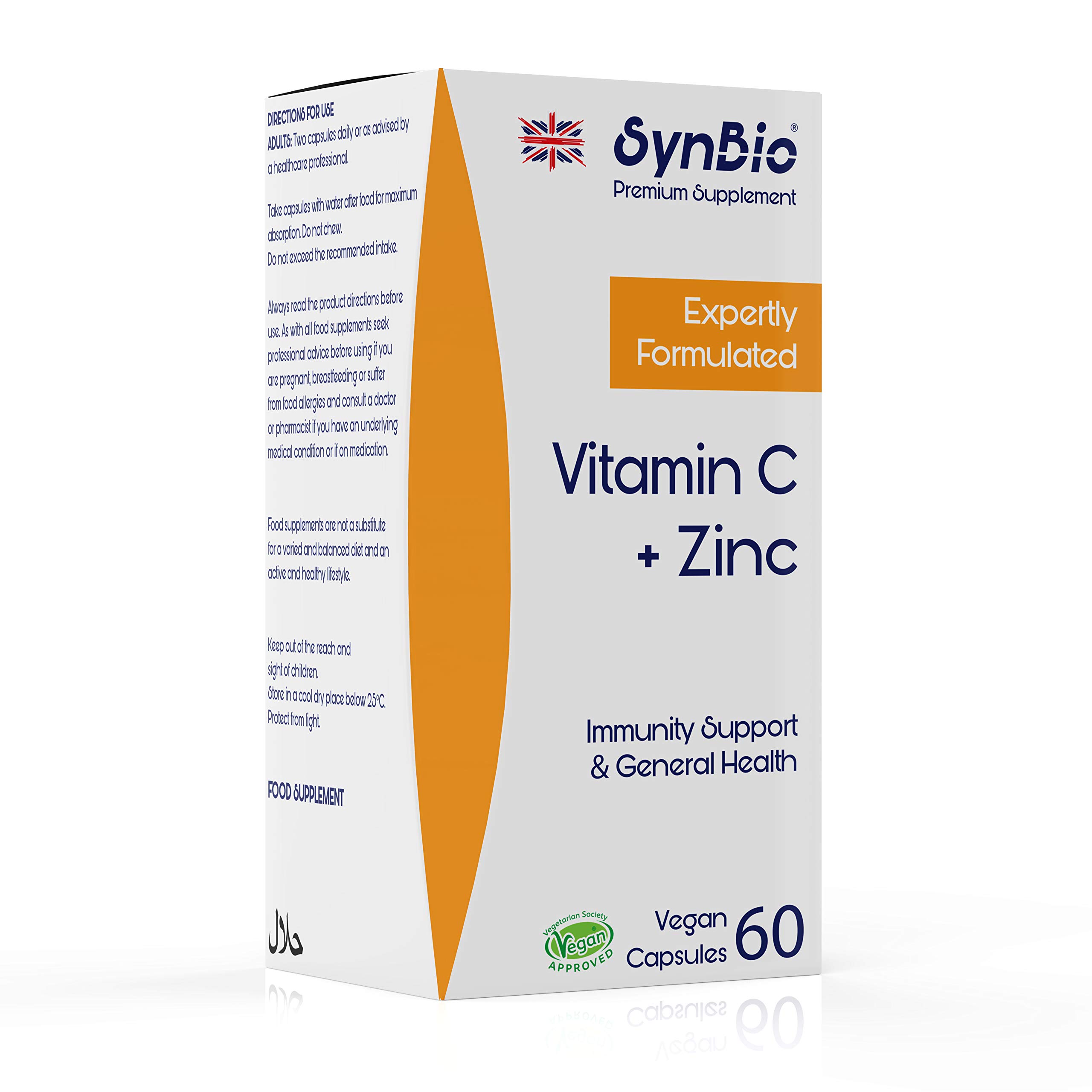 SynBio Premium - Vitamin C + Zinc | 60 Vegan Capsules | Boost Immunity and Wellness | Free from Dairy, Gelatine, Gluten, Nut/Peanut | UK Manufactured | Advanced Formula of Ascorbic Acid & Zinc