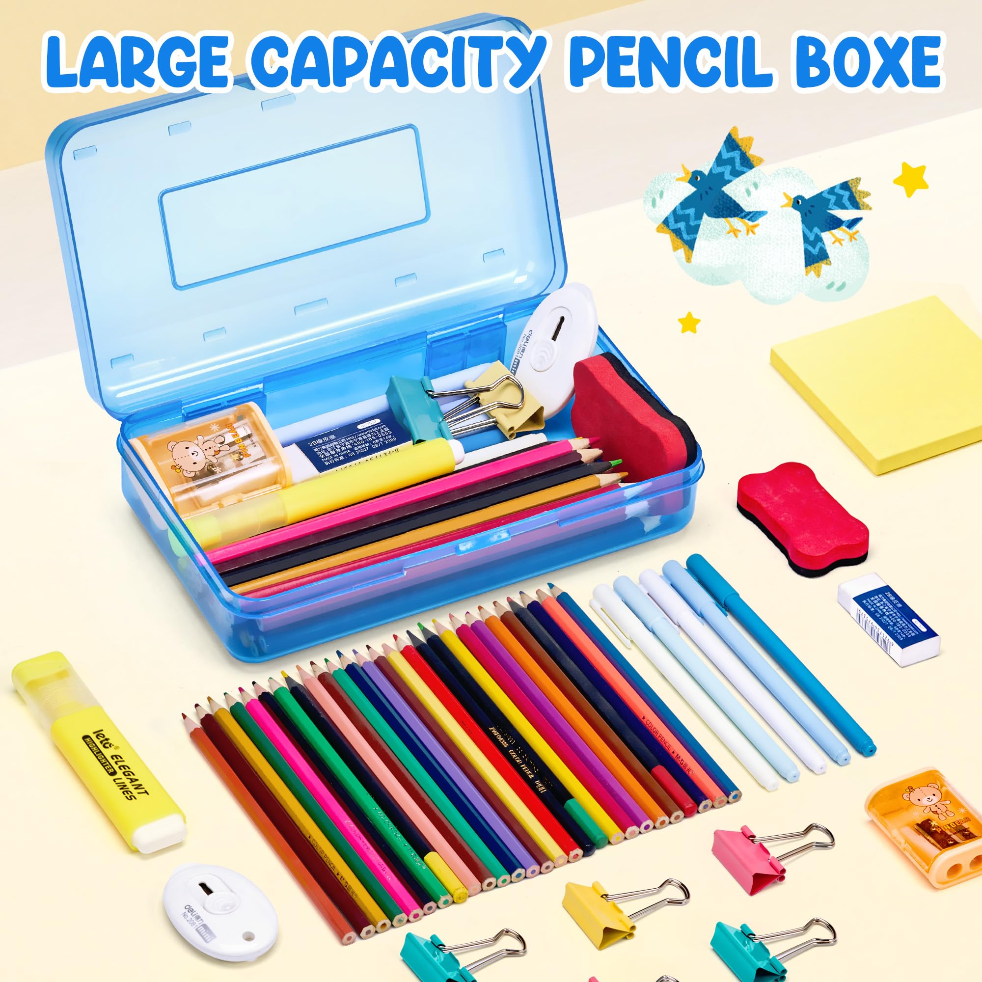 GAMENOTE Plastic Pencil Box with Personalized Sticker,Kids Large Hard Pencil Case with Snap-tight Lid,Clear Crayon Maker Organizer,Small Art Craft Storage Containers,School Supplies Box for Boys,Girls