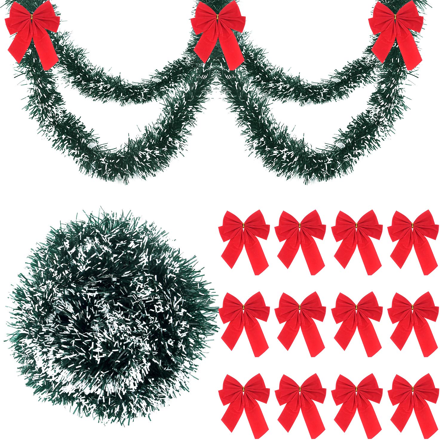 FEPITO 12m/39ft Artificial Pine Wreath Xmas Decorations with 24 Pcs Holiday Red Bows, Christmas Greenery Garland for Indoor Outdoor Holiday Home Decor