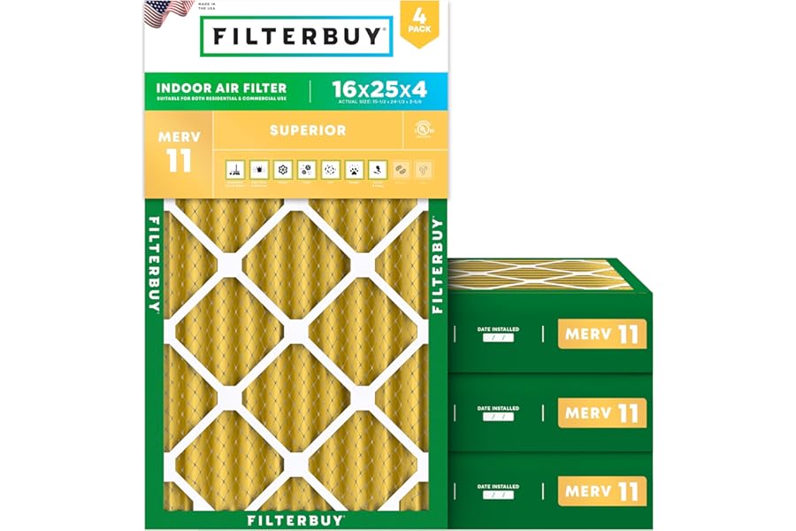 Filterbuy 16x25x4 Air Filter MERV 11 Superior Pet & Allergy Defense (4-Pack), Electrostatic Pleated HVAC AC Furnace Filters Replacement, Made in USA (Actual Size: 15.50 x 24.50 x 3.63)