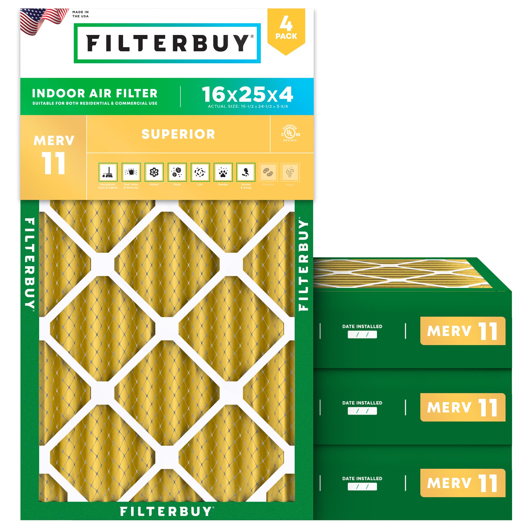 Filterbuy 16x25x4 Air Filter MERV 11 Pet & Allergy Defense (4-Pack)