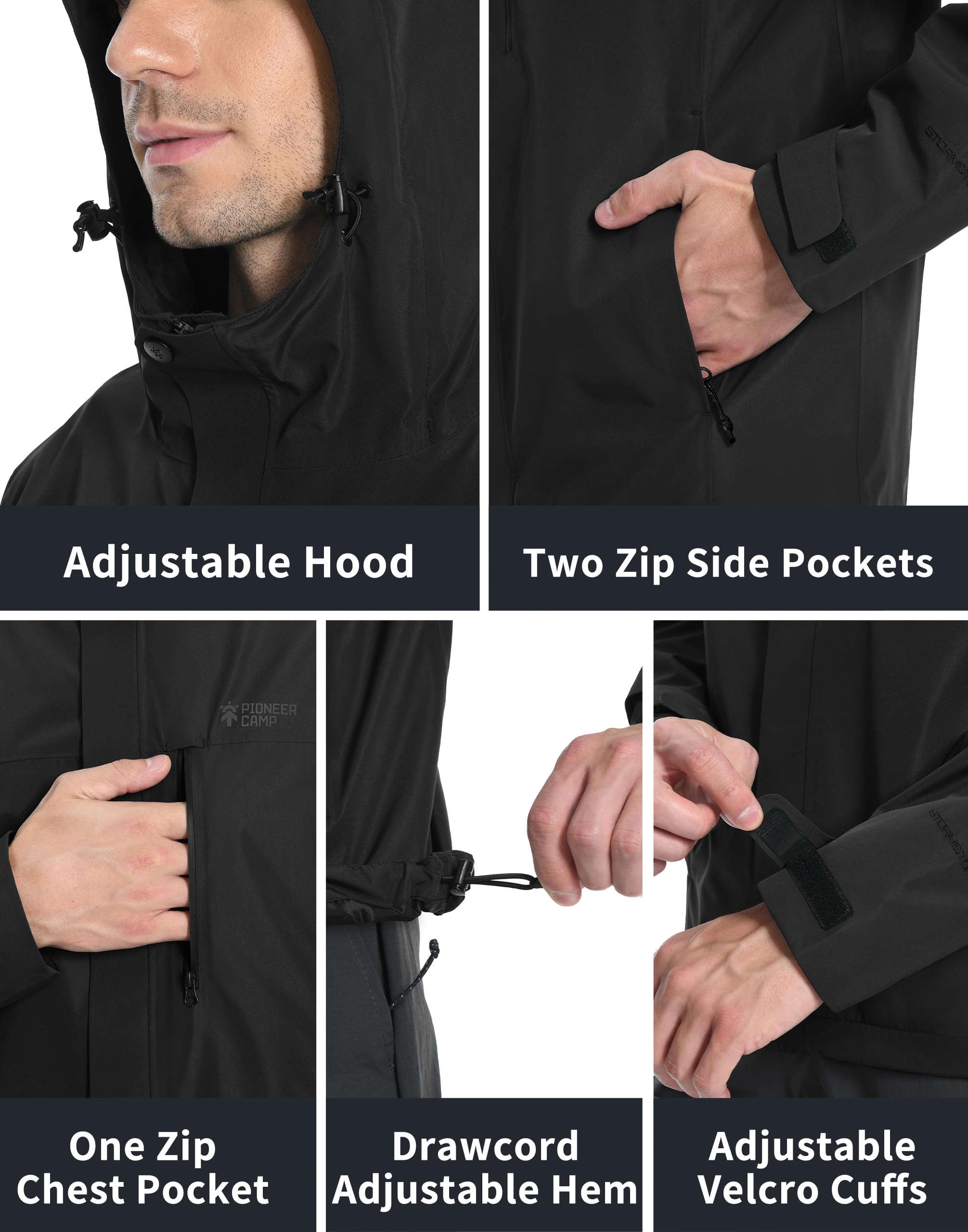 Pioneer Camp Herren Regenjacke Wasserdicht Atmungsaktiv Outdoor Jacke Mit Kapuze 4 Taschen Schwarz L 7