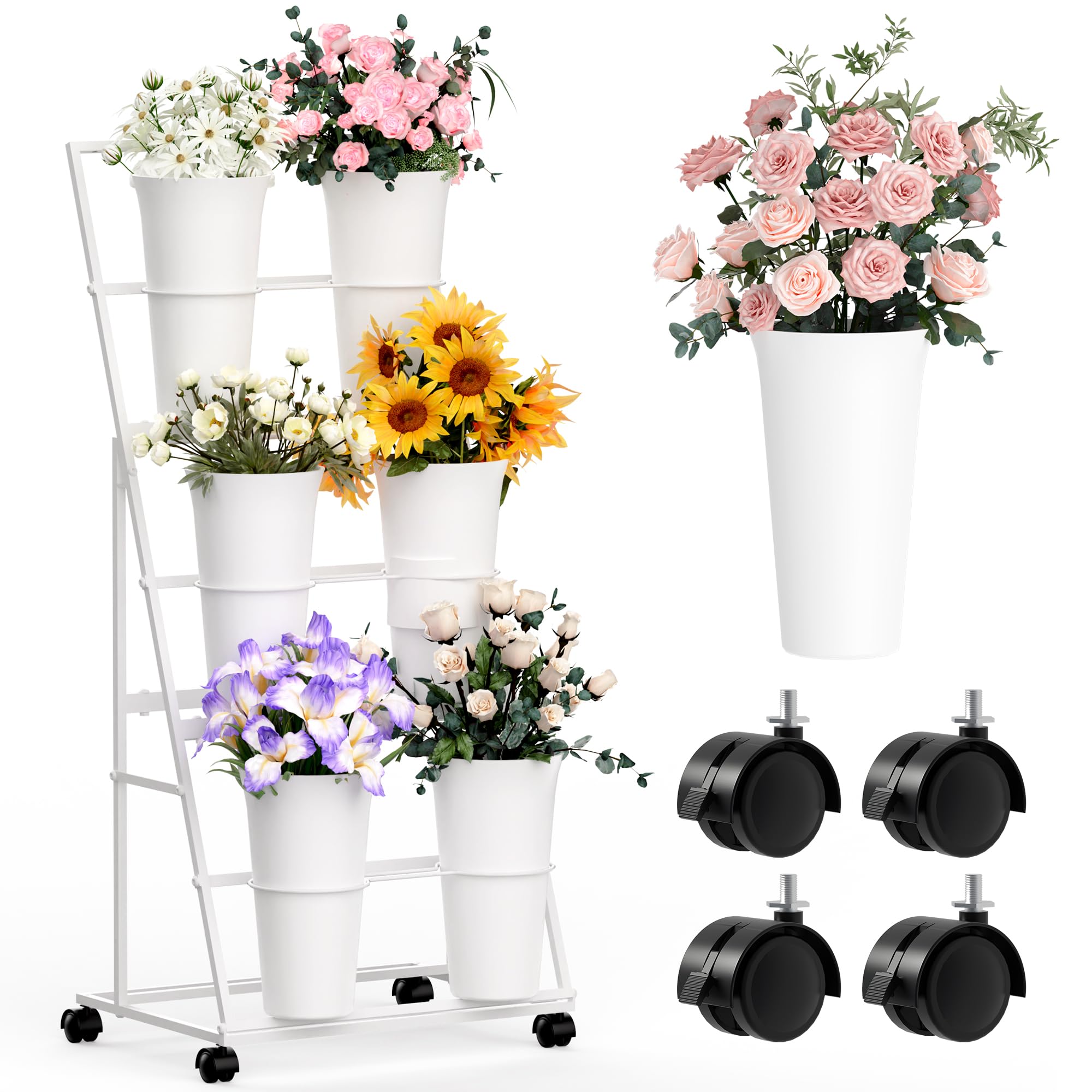 Photo 1 of Invech Flower Display Stand with 6 Buckets and Wheels, 3 Tier White Flower Cart Display Stand for Indoor Outdoor Garden, Wedding, Flower Shop (Existing Patent)