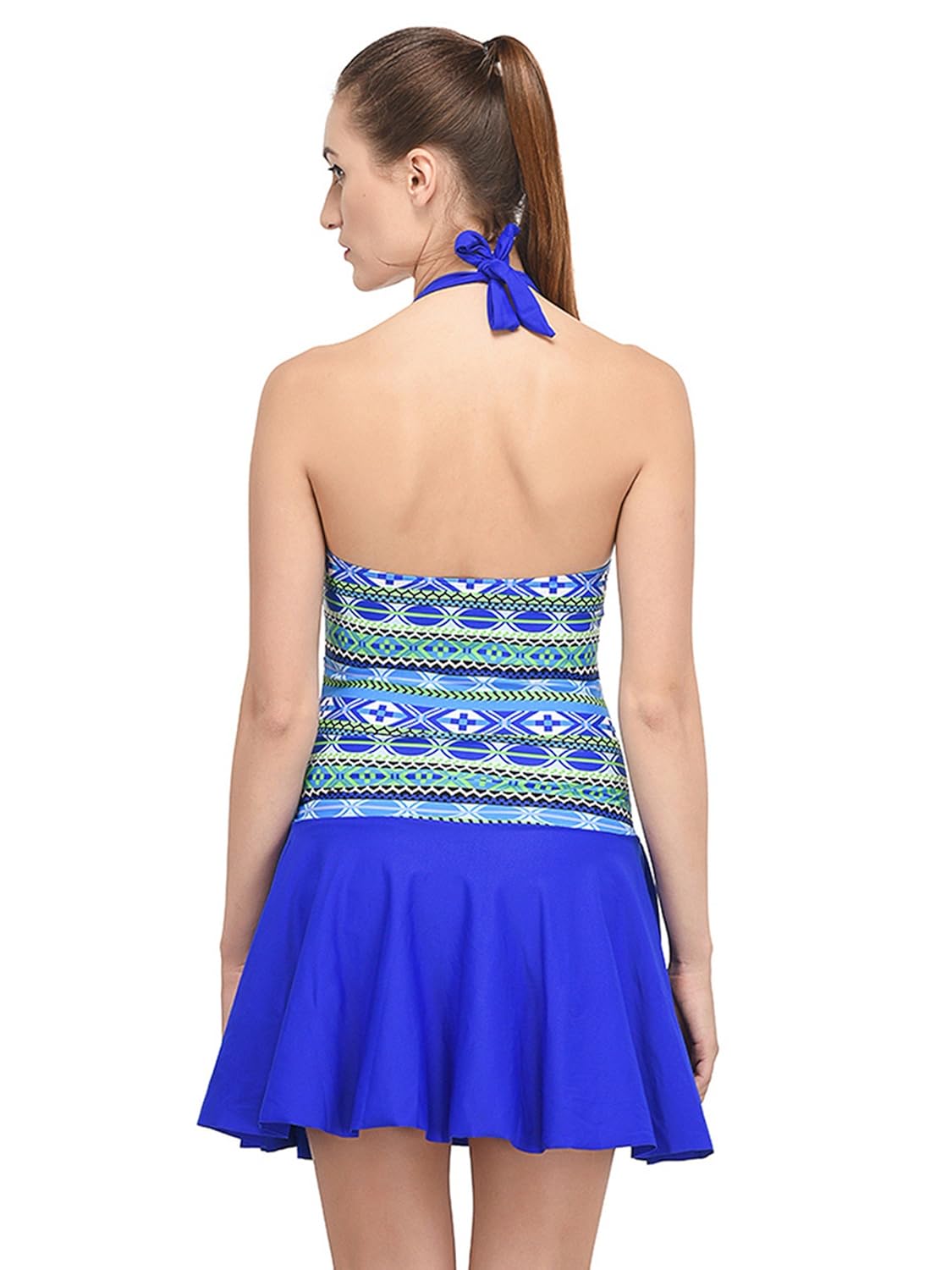 fasnoya women's aztec print royal blue halterneck one piece swimdress - bik324