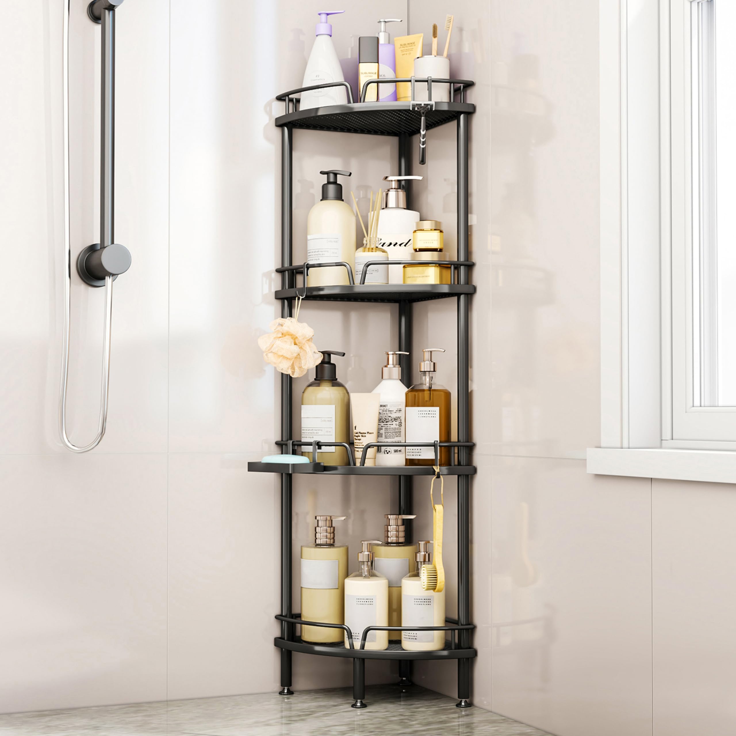 SWTYMIKI Corner Shower Caddy - 4 Tier Bathroom Shelf Organizer With 4 Hooks, Rust Free Standing With Soap Holder, Rack for Inside Bathroom Storage, Black