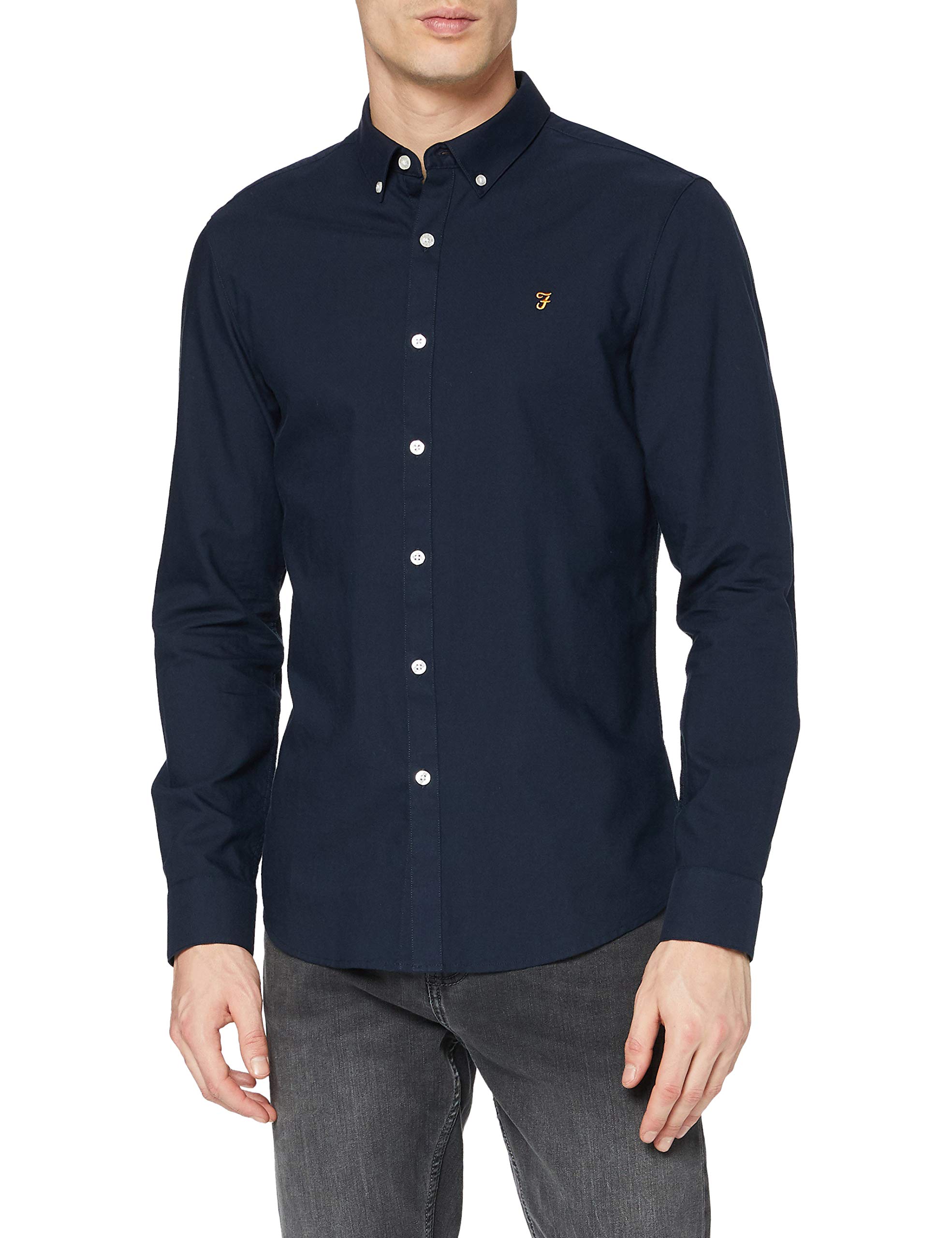 Farah - Men's Oxford Shirt, Brewer Slim Fit Organic Cotton, Long Sleeve, Casual or Work Shirt, Maritime Blue, M