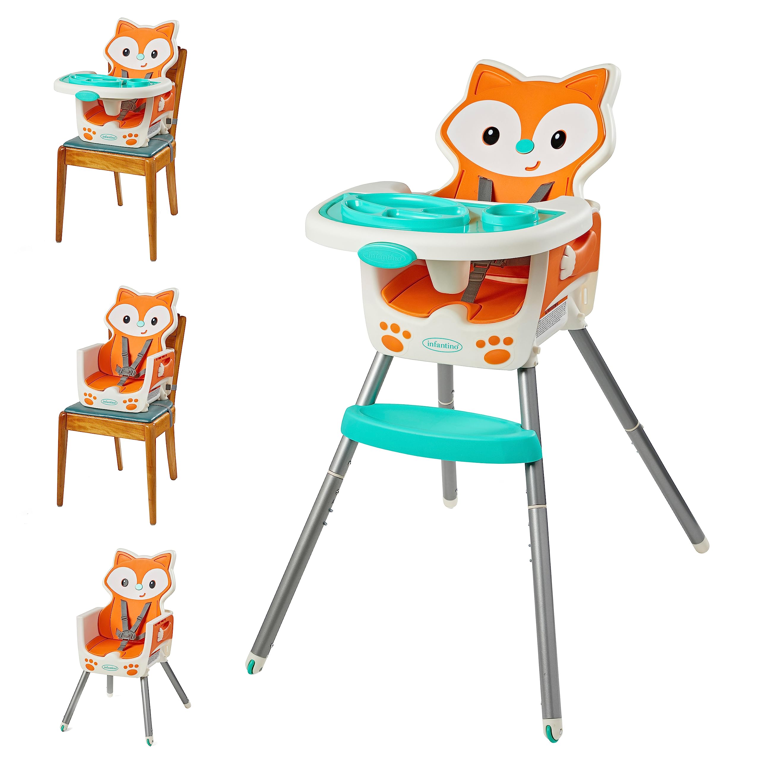 Infantino 4-in-1 Highchair - Space-Saving, Multi-Stage Booster and Toddler Chair with Multi-use Meal mat and Dishwasher-Safe Tray, in a Fox-Themed Design