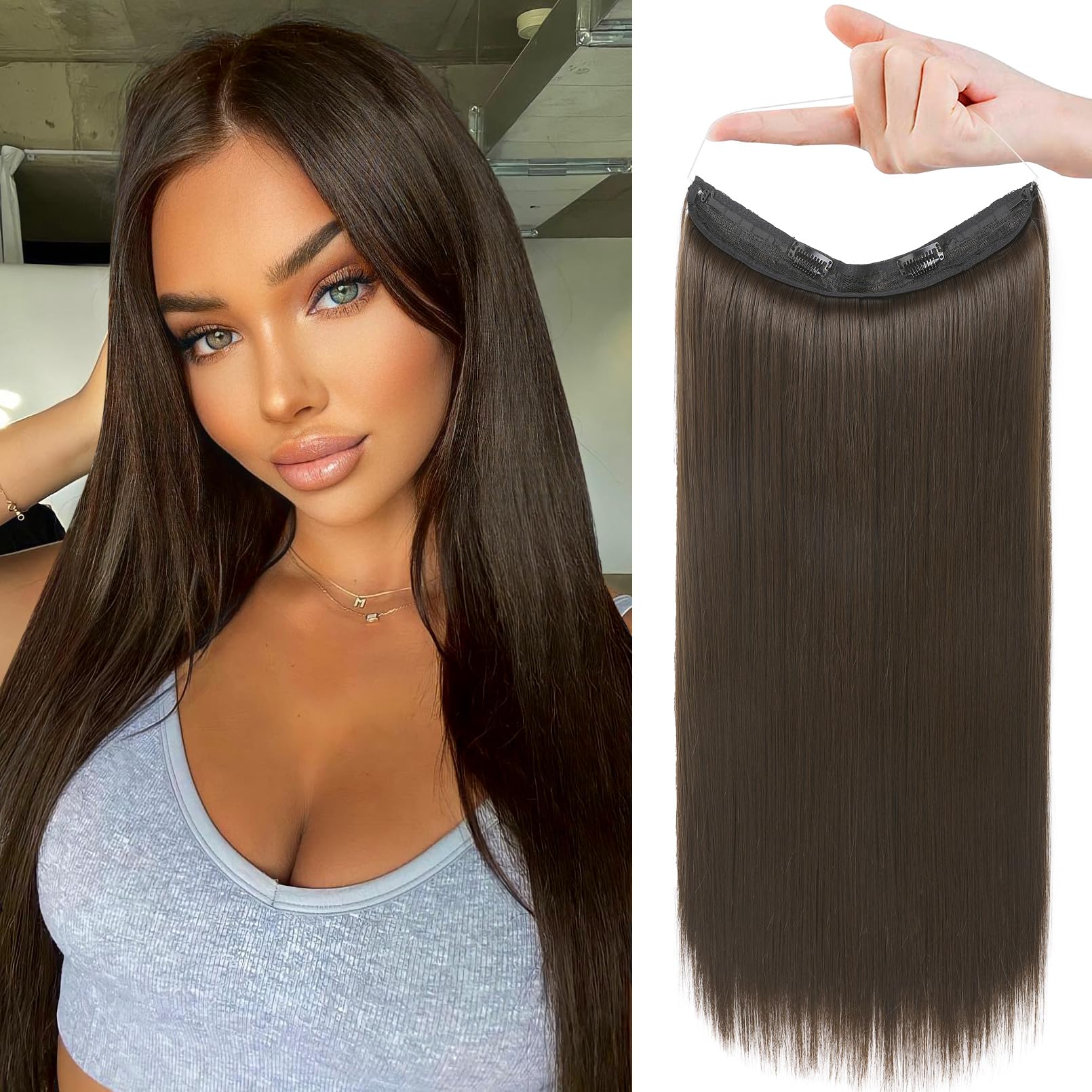 Photo 1 of REECHO Invisible Wire Hair Extensions with Transparent Headband Adjustable Size Removable Secure Clips in Straight Secret Hairpiece for Women (20 Inch (Pack of 1), Chestnut Brown)