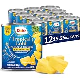 Dole Tropical Gold Pineapple Chunks, 15.25 Oz, 12 Count | Canned Fruit, in 100% Pineapple Juice, Gluten Free, Pantry Staples, No Sugar Added