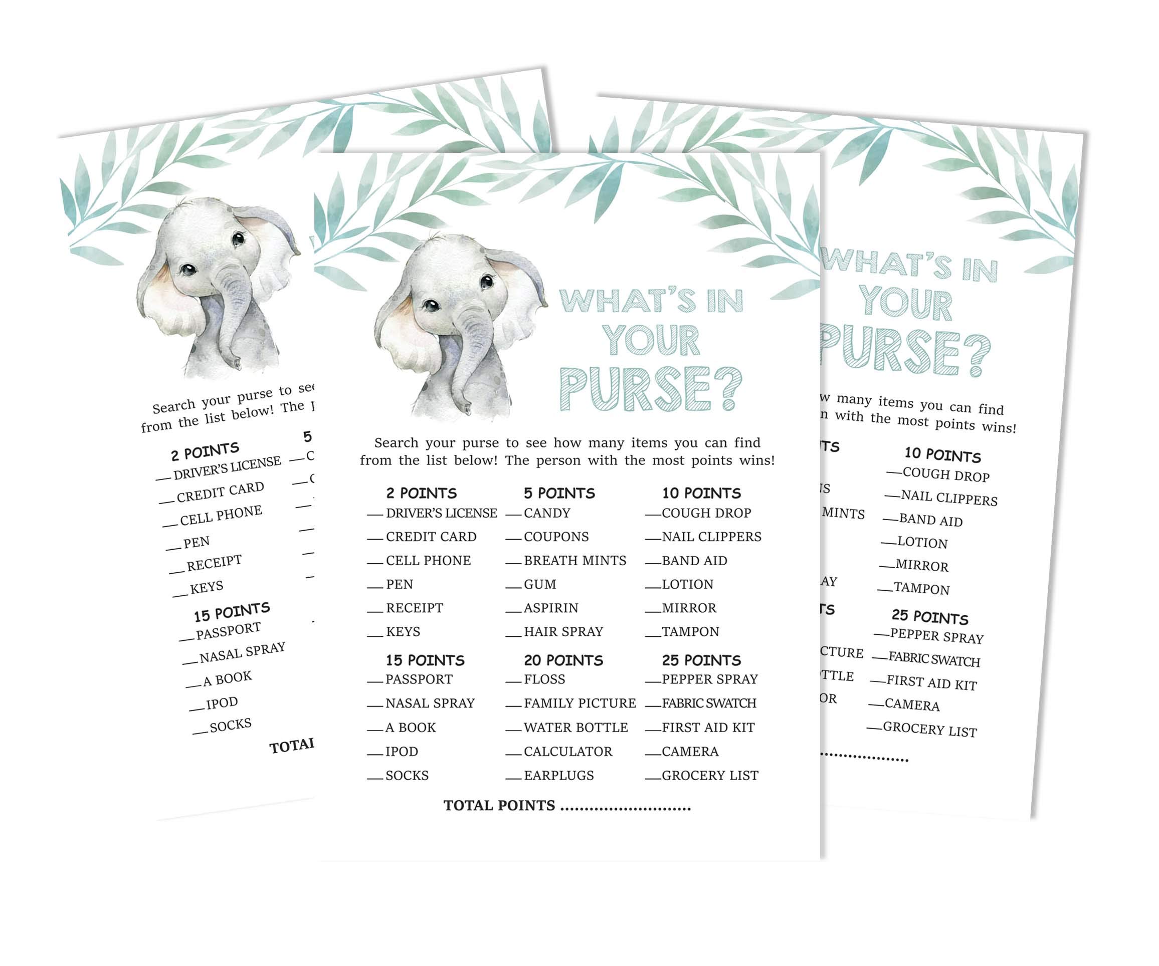 Inkdotpot 50 Sheets What's In Your Purse Baby Shower Game Cards Baby Elephant Gender Neutral Activity Cards Party Idea Baby Shower Party Supply