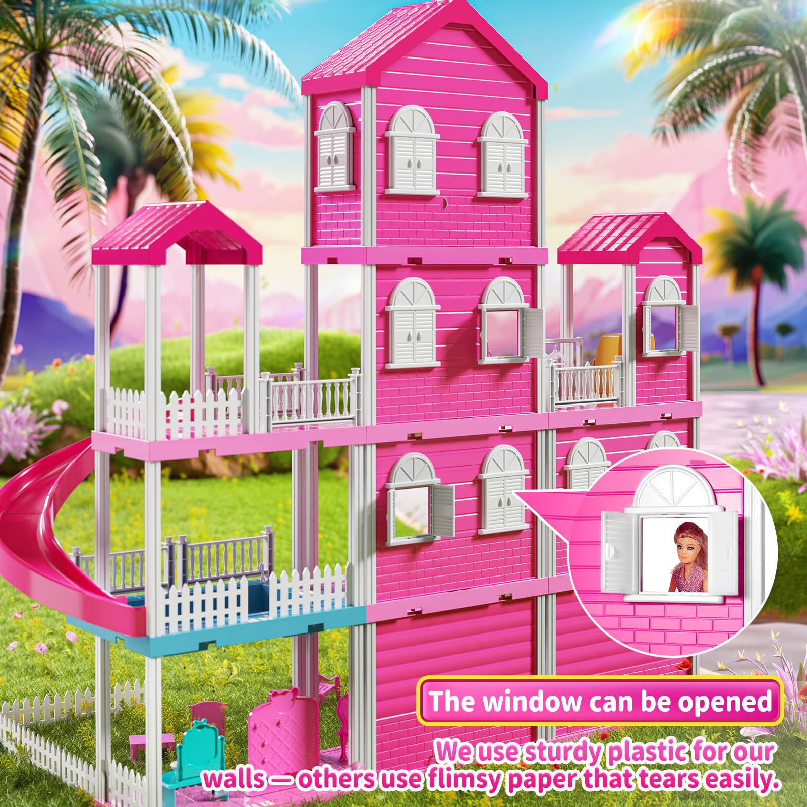Pink Villa Playset for Girls Ages 3-7, 4-Story 10-Room House with 2 Dolls, Furniture & Accessories, Pretend Play Toddler Toy, Birthday Gifts for Kids 3-8