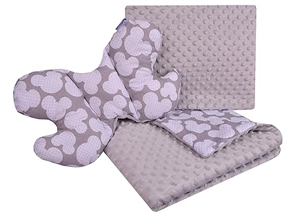 Babydecke Krabbeldecke Set 3in1 100% Baumwolle MINKY Kinderdecke 55x75 + 35x30cm flaches Kissen und Anti-Schock-Kissen Schmet